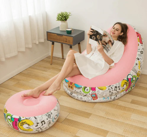 Air Inflatable Lazy Sofa Lounge Chairs Inflatable Lounge Chair Portable Blow Up Sofa Air Chaise Lounge Flocked Chairs Ottoman Blow Up Chaise Lazy Couch (Pump Not Incl.)(Pink)
