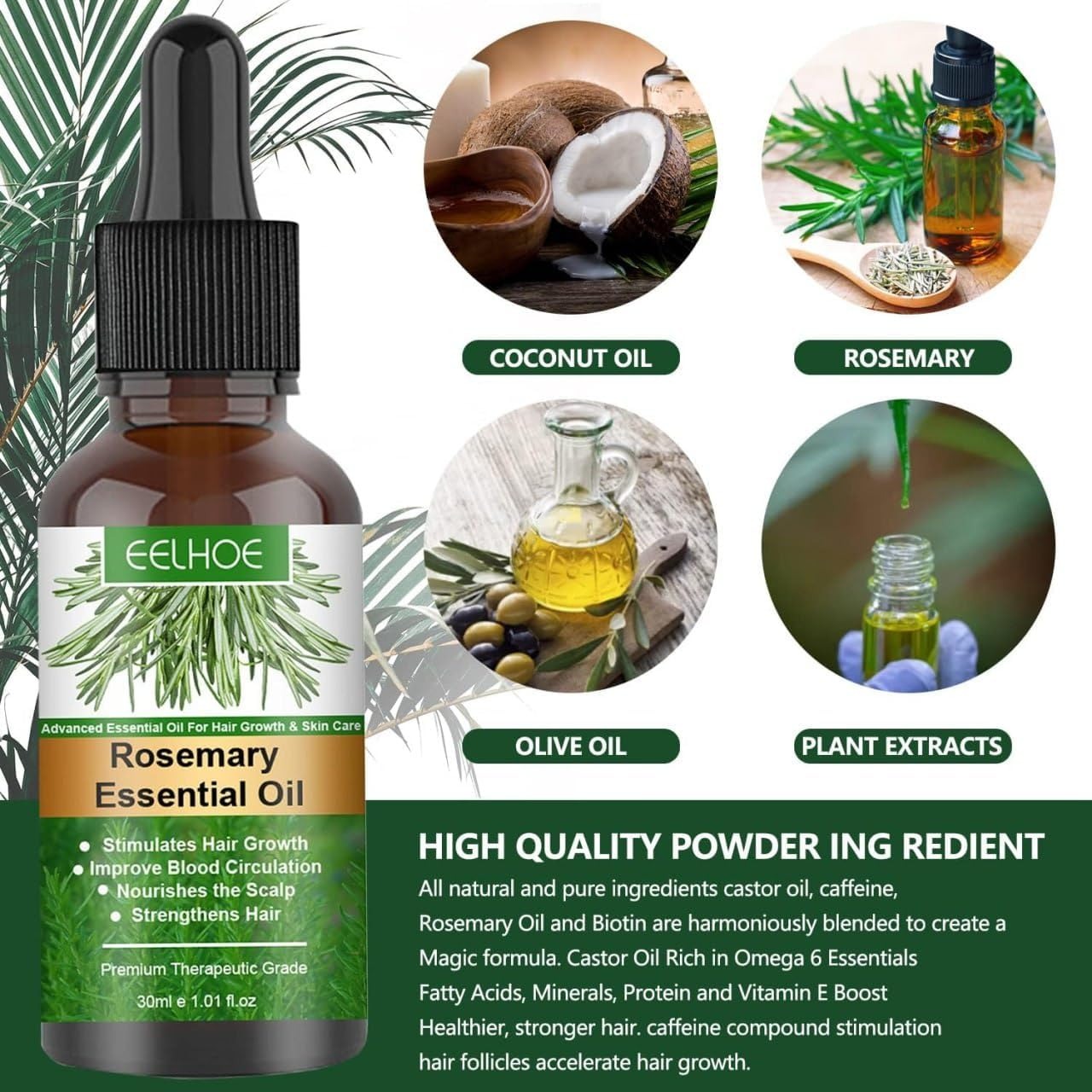 EELHOE Rosemary Essential Hair Oil - Nourishing Vegan Formula for Lustrous Locks and Scalp Wellness - 30ML